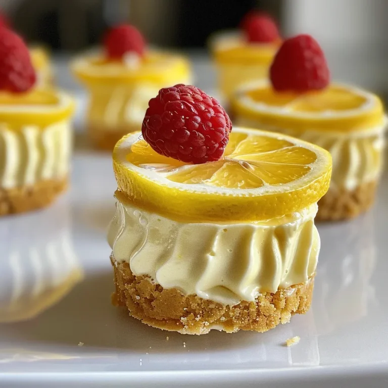 A close-up view of mini lemon cheesecakes topped with lemon curd and fresh raspberries.