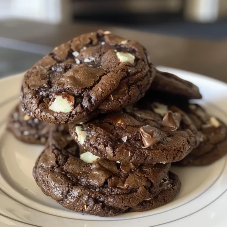 Close-up view of freshly baked Mint Chocolate Cookies with chocolate chips.