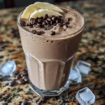 Close-up view of a creamy mocha banana protein smoothie in a glass with ice cubes.