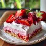 A close-up side view of no-bake berry and vanilla cream squares showcasing layers of strawberries and cream.