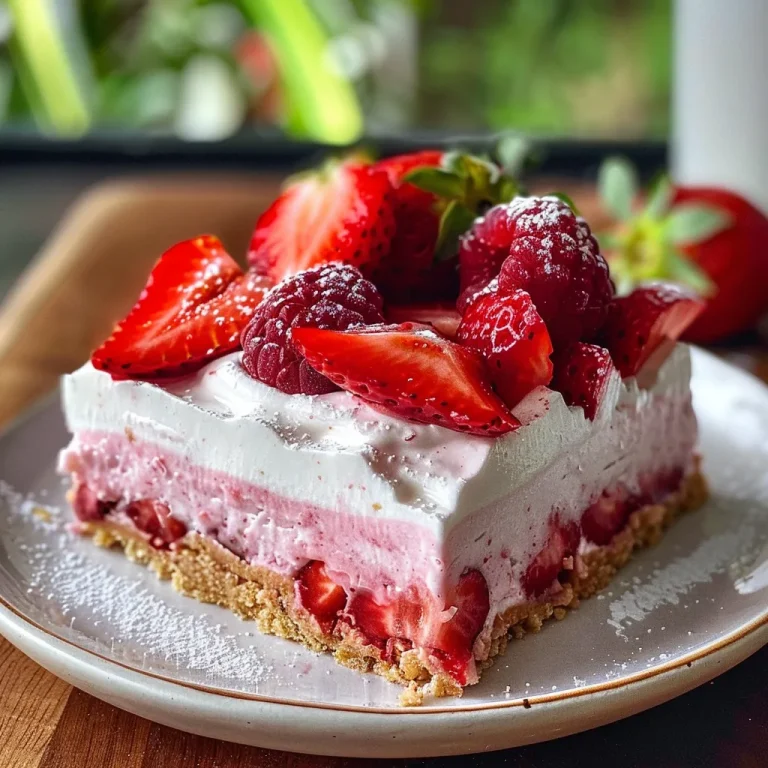 A Slice of Summer No-Bake Berry and Vanilla Cream Squares That Capture Joy A close-up side view of no-bake berry and vanilla cream squares showcasing layers of strawberries and cream.