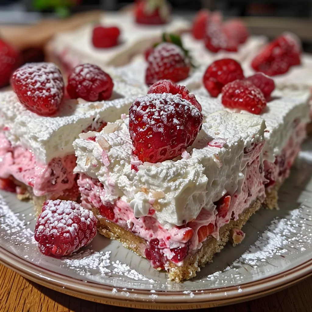 Juicy berry and vanilla cream squares in a side profile with fresh strawberries on top.