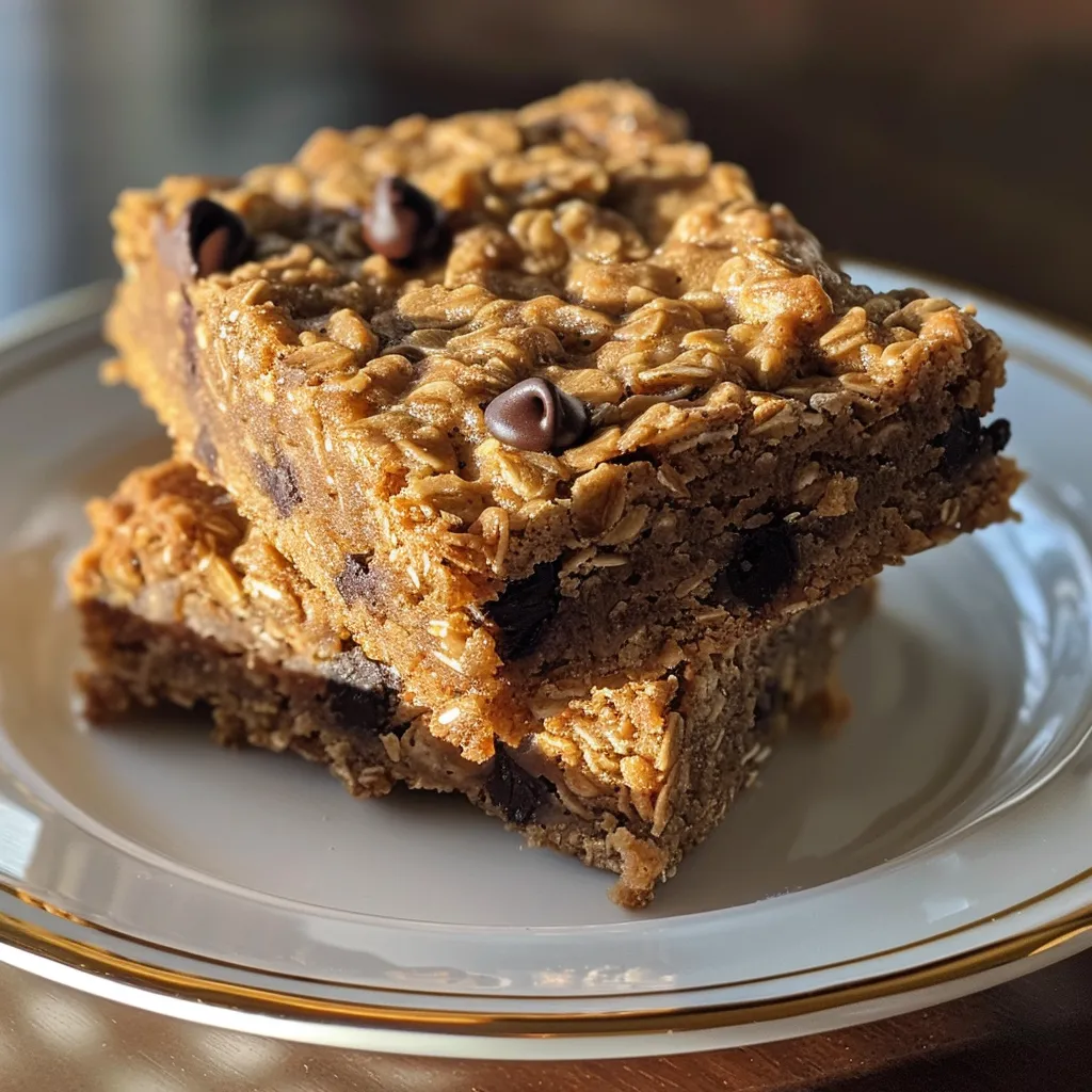 Side view of delicious oatmeal chocolate chip bars with melting chocolate chips.