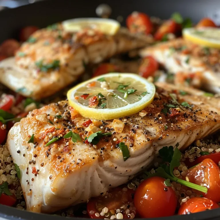 Close-up view of a plate featuring One-Pan Fish and Quinoa with colorful ingredients.