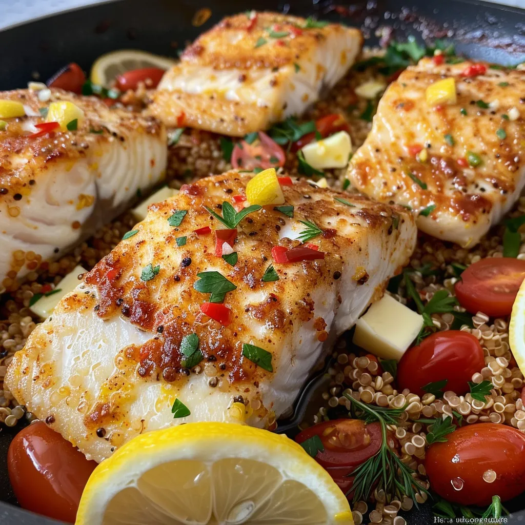 Juicy fish fillet served over tri-color quinoa, garnished with tomatoes and herbs.