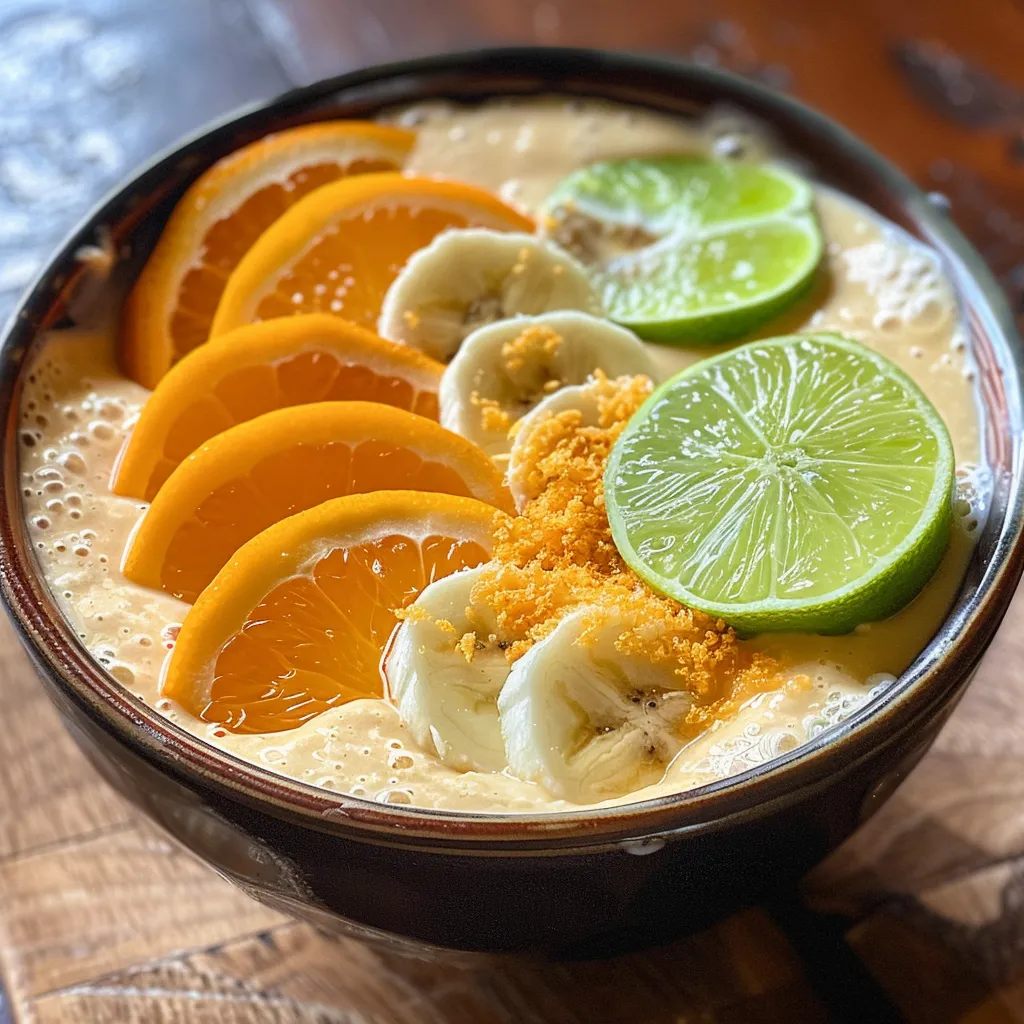 Side view of a creamy orange smoothie bowl with orange zest and a slice of lime.
