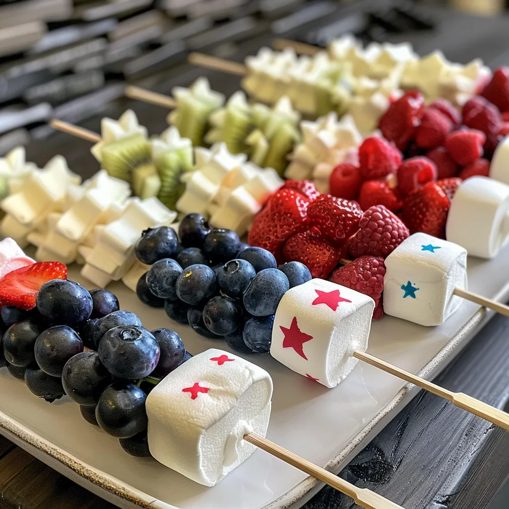 Side view of Patriotic Berry Marshmallow Kabobs with vibrant fruits and marshmallows.