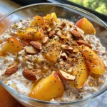 A close-up view of a bowl of Peach Almond Overnight Oats with diced peach and sliced almonds on top.