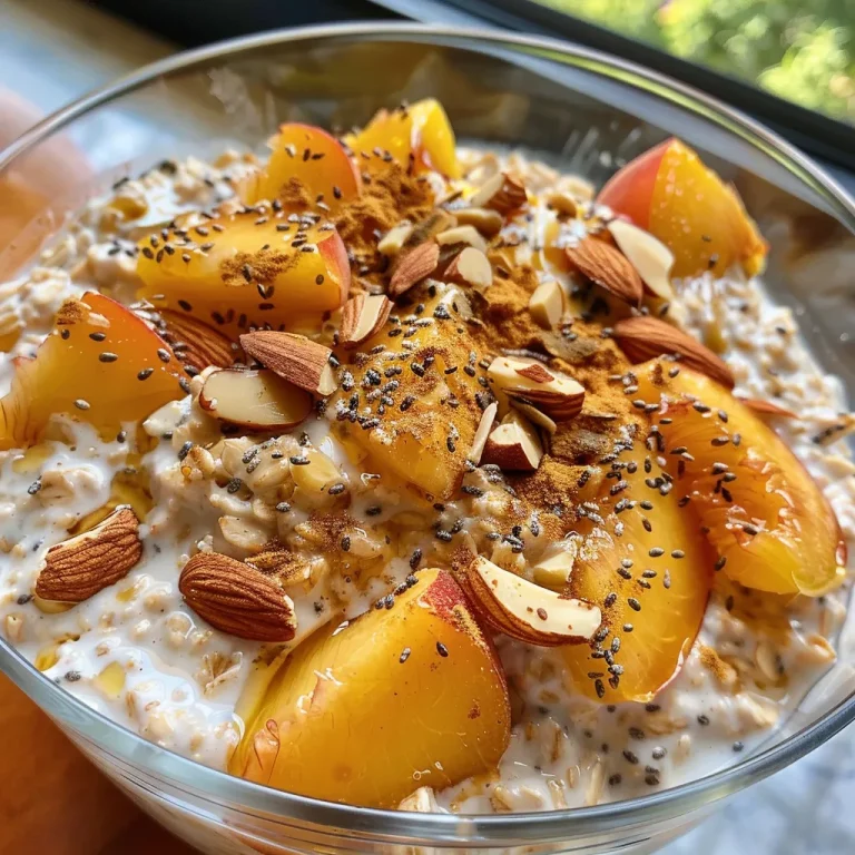 A close-up view of a bowl of Peach Almond Overnight Oats with diced peach and sliced almonds on top.
