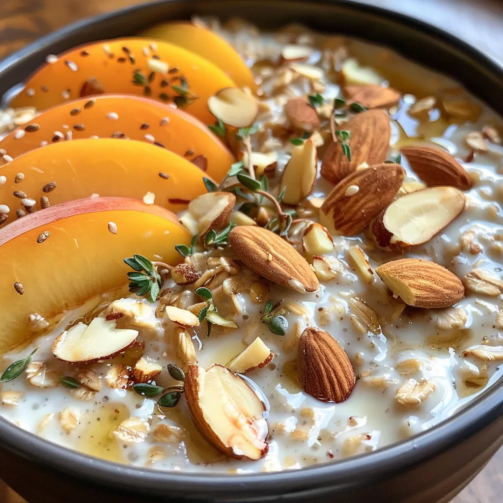 Side view of creamy Peach Almond Overnight Oats, featuring peach chunks and almond slices.