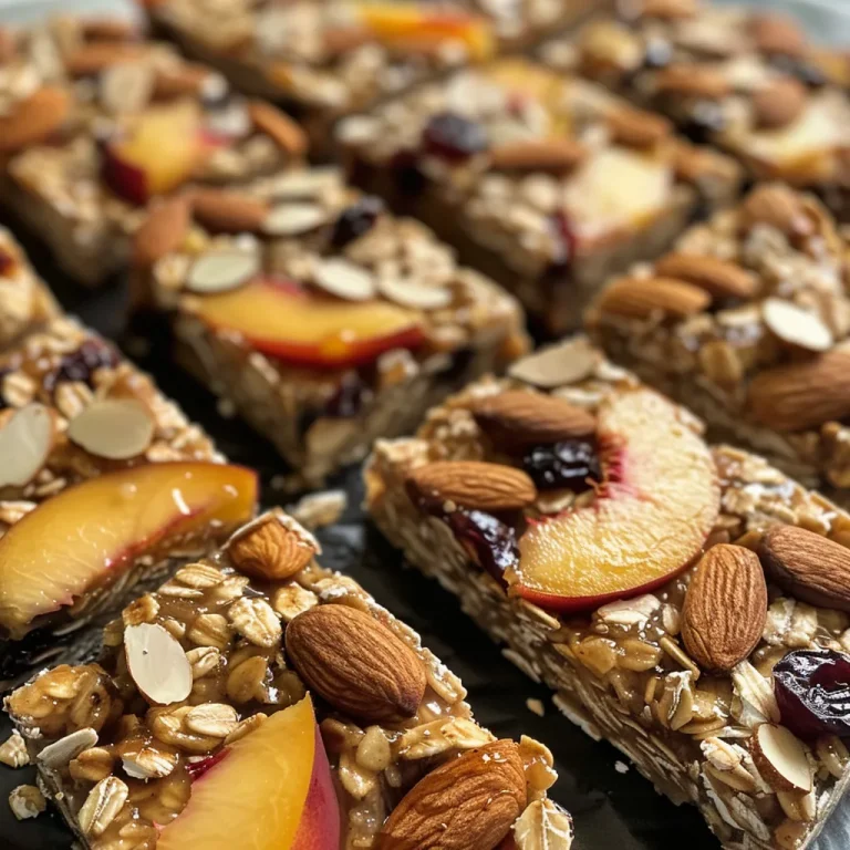A Journey to Wholesome Snacking Discovering Peach Almond Bliss Close-up view of peach and almond snack bars stacked on a wooden surface.