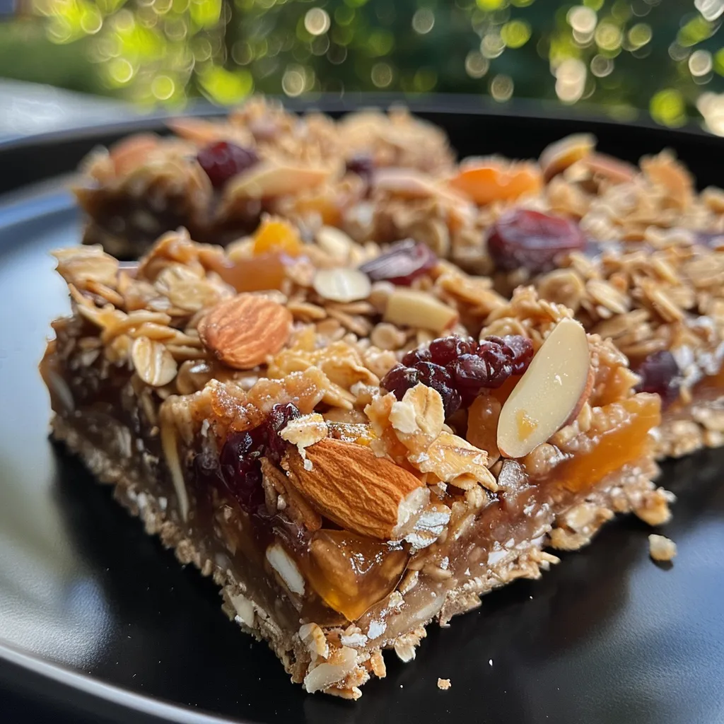 Side angle of freshly made Peach Almond Snack Bars with visible nuts and fruits.
