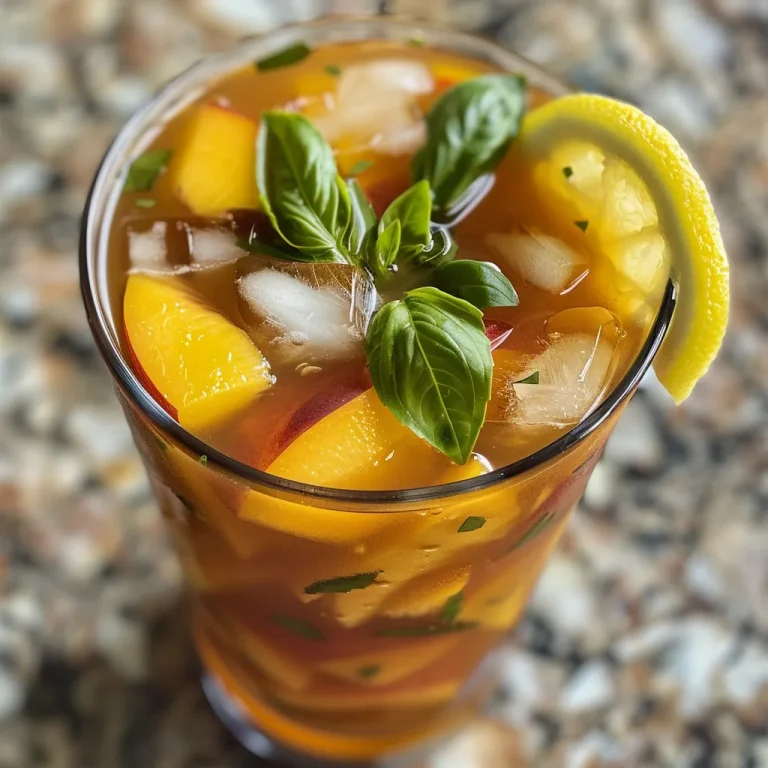 Sipping Summer The Peach Basil Iced Tea That Captures Sunlit Memories Close-up of a refreshing Peach Basil Iced Tea in a glass with peach slices and basil leaves.