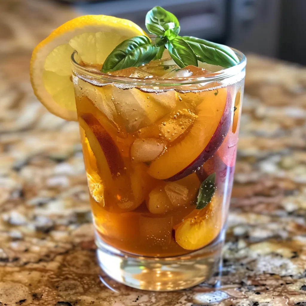 Side view of an iced tea drink filled with peaches and basil, garnished with lemon slices.