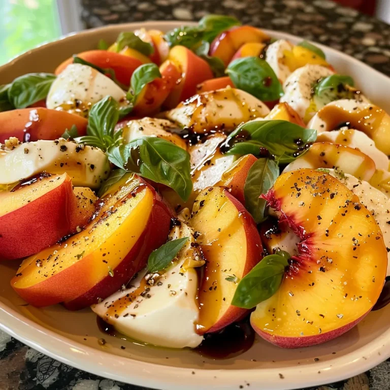 Close-up of a Peach Caprese Salad with sliced peaches and mozzarella.