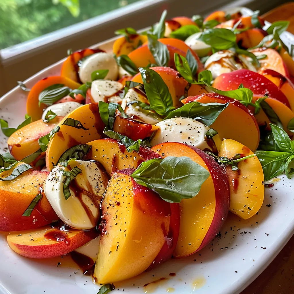 Side view of a vibrant Peach Caprese Salad showcasing fresh ingredients.
