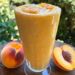 Close-up view of a peach coconut smoothie in a glass with slices of peach beside it.