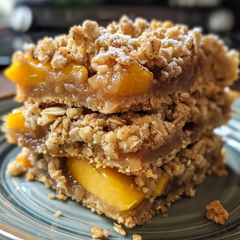 Close-up view of peach crumble bars with a golden topping.