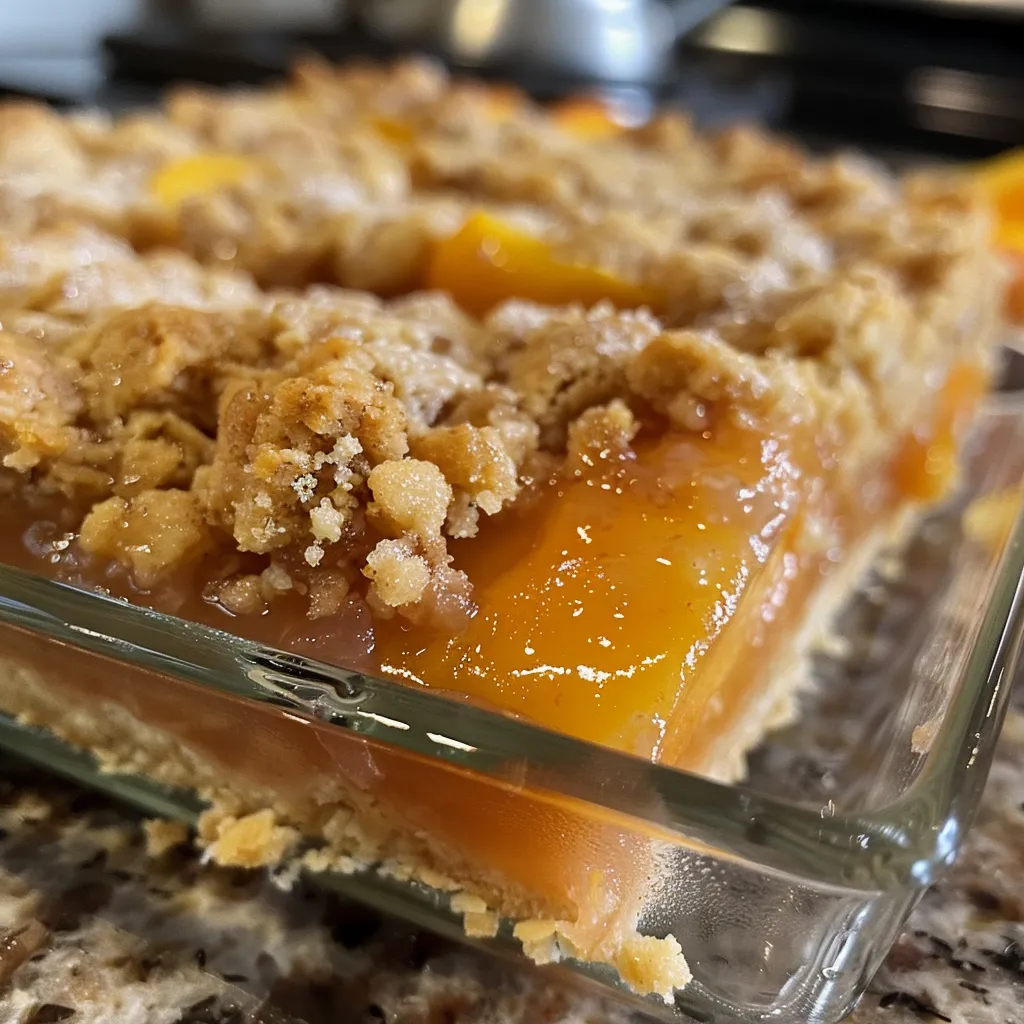 Side view of juicy peach crumble bars on a white plate.