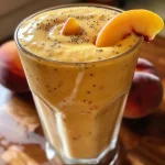 Close-up of a peach protein smoothie in a glass with peach slices on the rim.