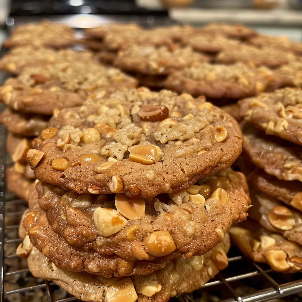 Side view of Peanut Butter Crunch Cookies showcasing their textured surface and visible peanuts.