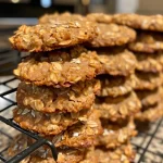 Close-up view of a stack of peanut butter oatmeal cookies on a plate.