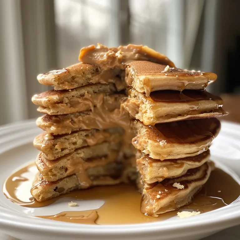 Whisking Up Adventures A Journey Through Peanut Butter Pancakes Close-up view of fluffy peanut butter pancakes stacked on a plate, drizzled with syrup.