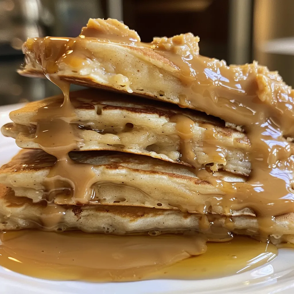 Side view of a delicious stack of peanut butter pancakes, showcasing a rich golden-brown color.