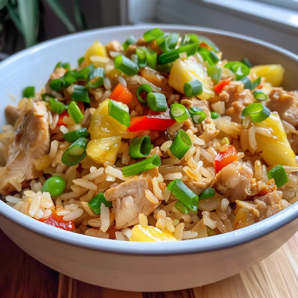 Juicy Pineapple Chicken Rice displayed in a bowl, with vibrant red bell pepper and peas visible.
