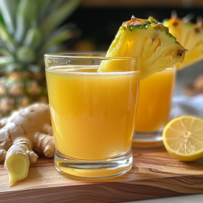 Close-up view of a glass filled with yellow pineapple ginger juice.