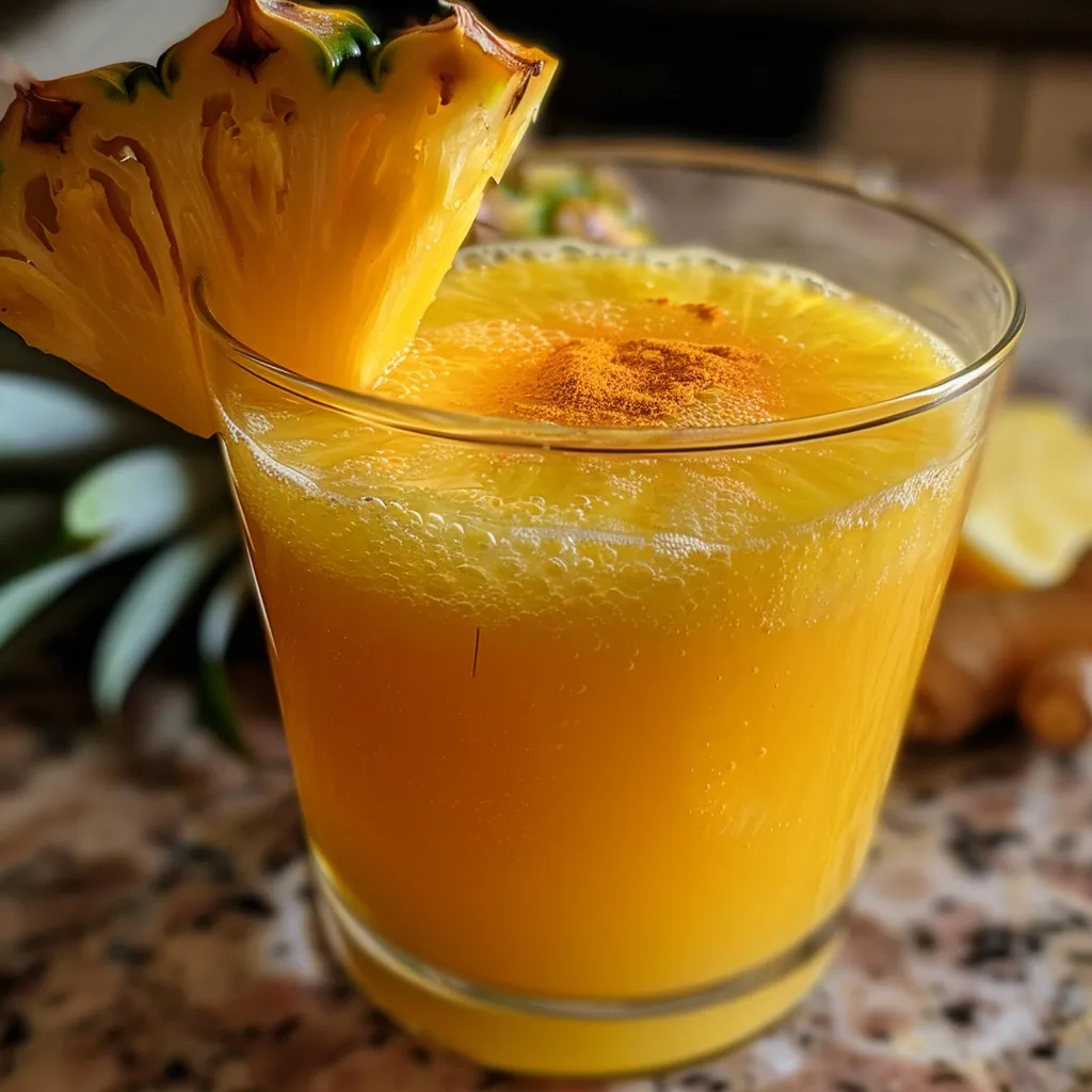 A side view of refreshing pineapple ginger juice in a clear glass.