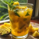 Close-up view of a refreshing pineapple mint juice in a clear glass with mint leaves.