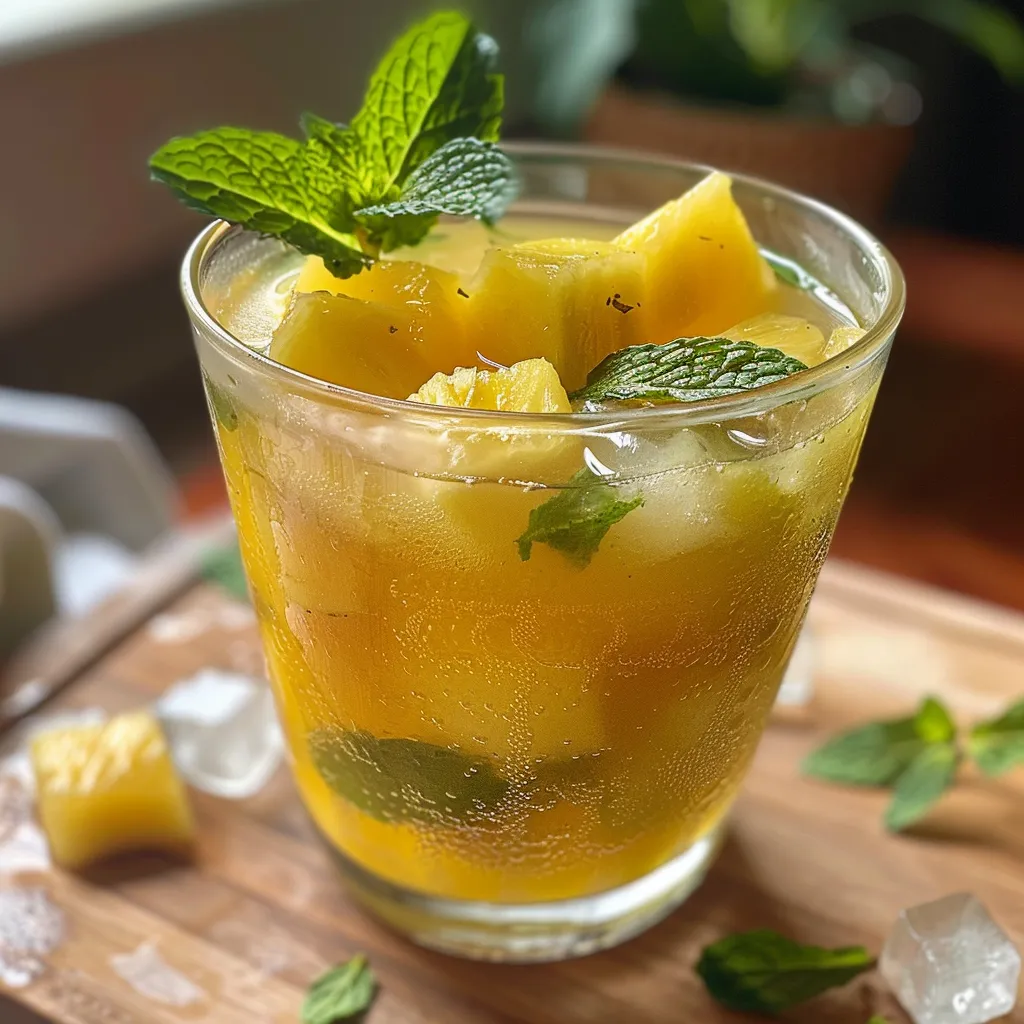 An iPhone 15 Pro photo showcasing pineapple mint juice with ice cubes and mint garnish.