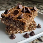 Close-up side view of chocolate oat squares topped with melted chocolate.