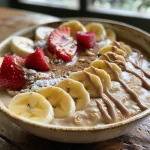A close-up view of a protein pancake bowl topped with banana slices and a drizzle of syrup.