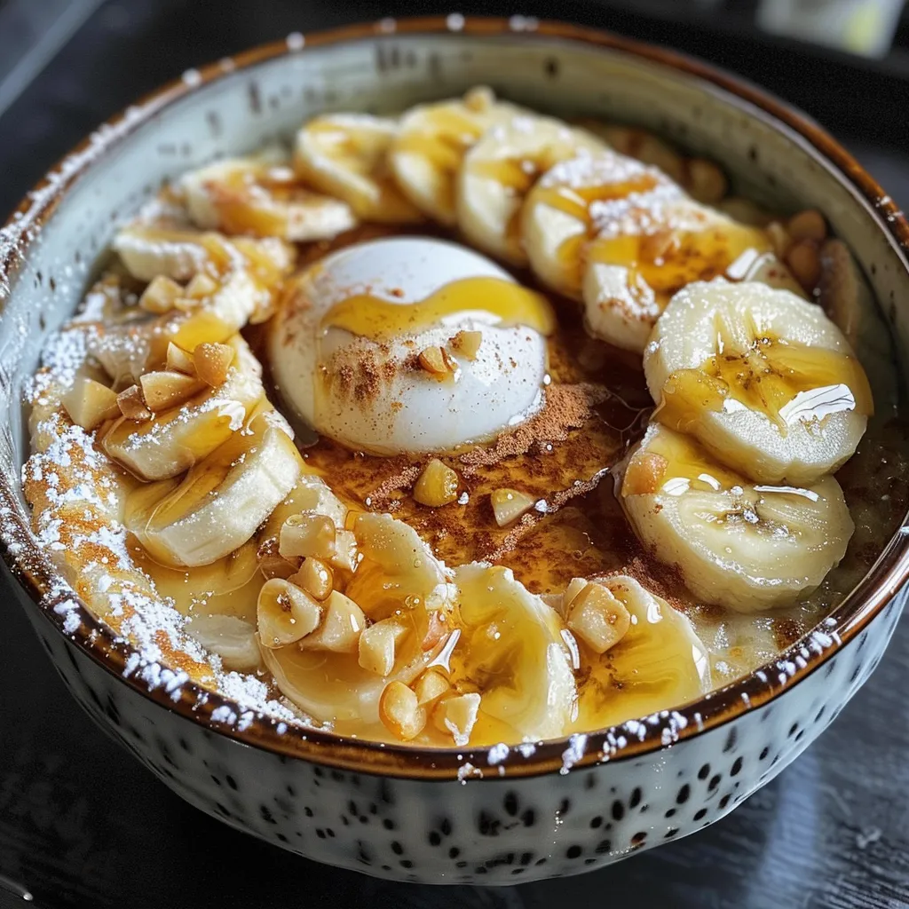 Side view of a delicious protein pancake bowl with vibrant banana and almond flour ingredients visible.