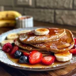 A close-up side view of fluffy protein pancakes topped with fresh berries and banana slices.