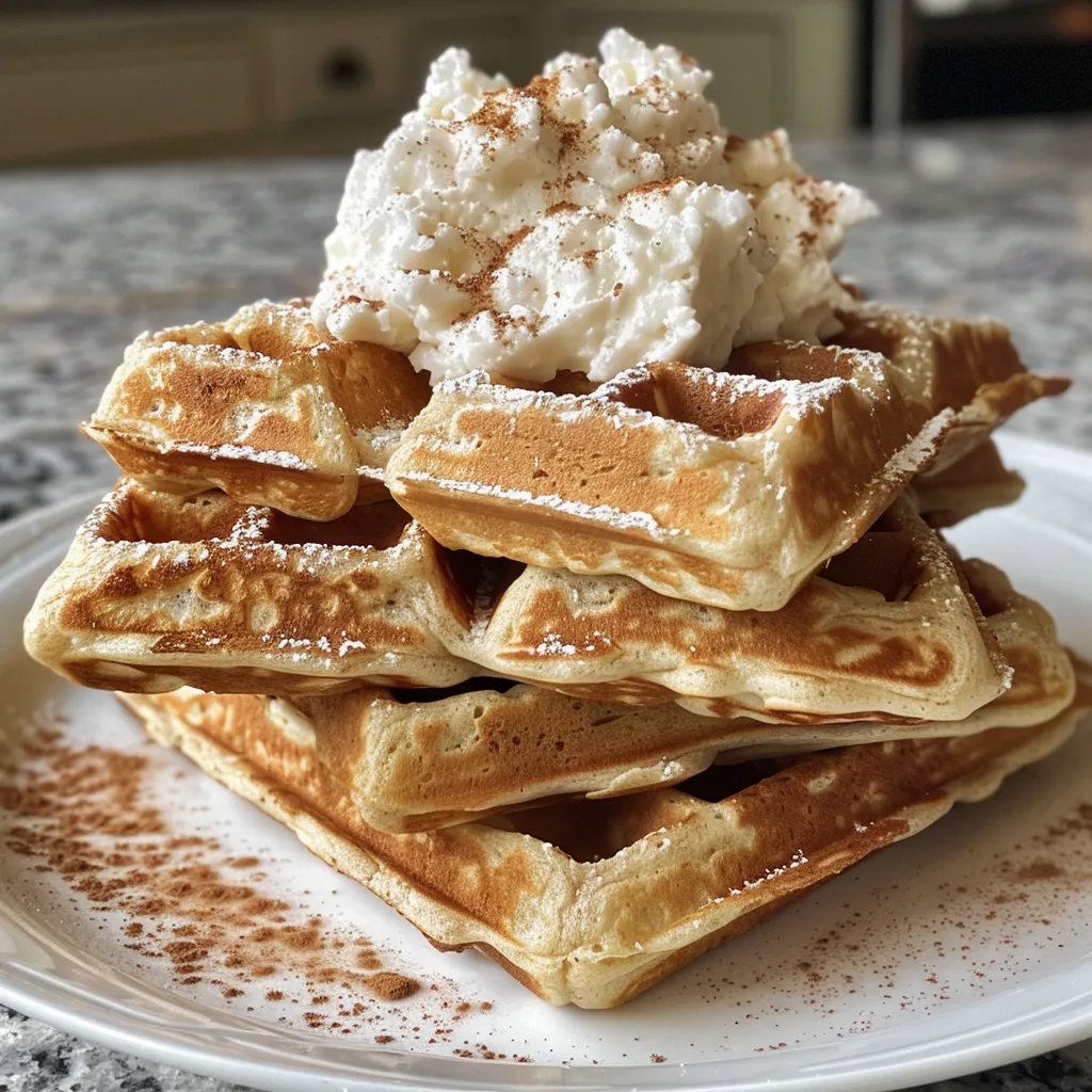 Juicy protein waffles stacked, showcasing their texture and crispy edges.