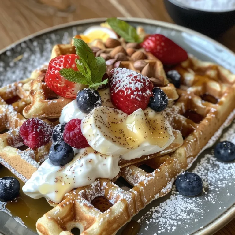 Waffles That Fuel Your Adventures A Protein-Packed Journey Close-up of golden brown protein waffles stacked on a plate, topped with fresh fruit.