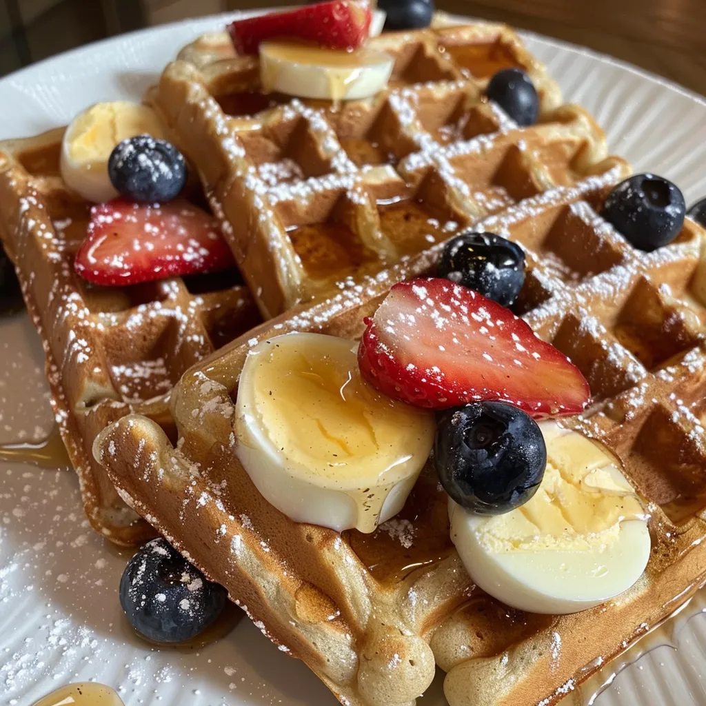 Side view of fluffy protein waffles drizzled with syrup, showcasing their texture.