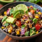 Close-up view of a vibrant quinoa black bean salad with colorful vegetables.