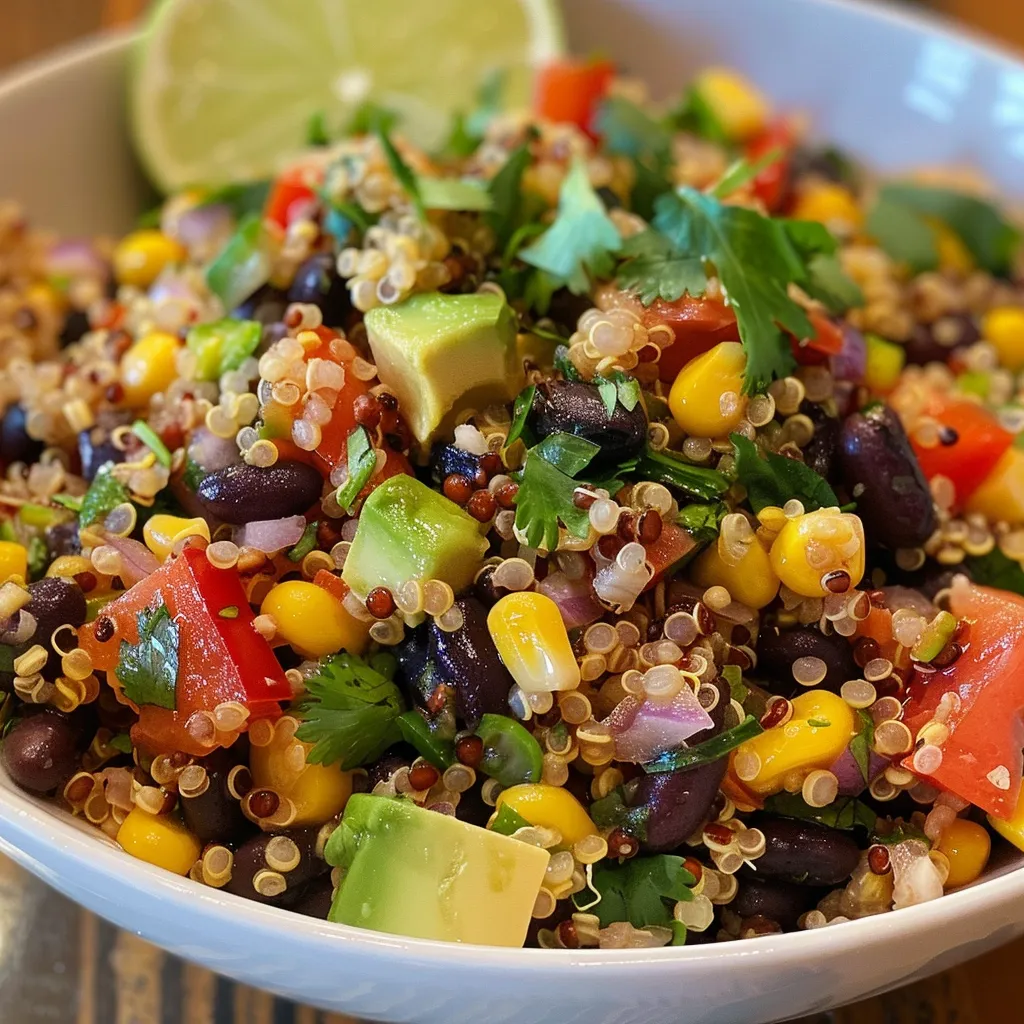 A beautifully plated quinoa black bean salad with diced vegetables and avocado.