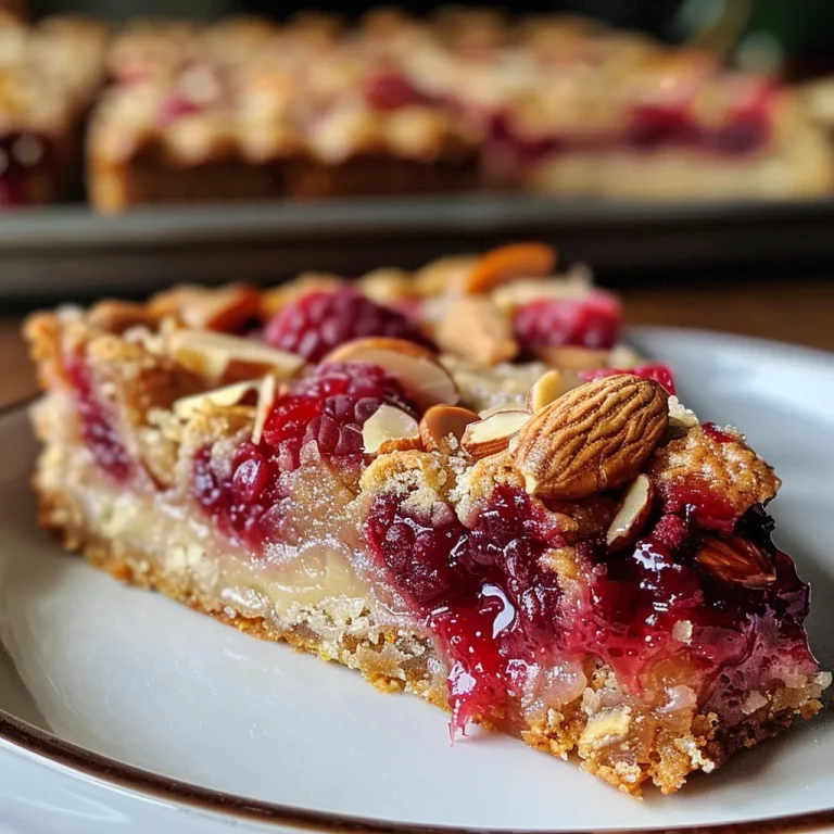 Close-up of juicy Raspberry Almond Bars with a golden crust and visible raspberry filling.