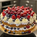 A close-up side view of a Red White and Blue Berry Cake with fresh berries on top.