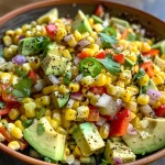 Close-up view of a colorful roasted corn avocado salsa in a bowl, showcasing vibrant ingredients.