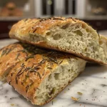 Close-up view of a rustic rosemary olive artisan bread loaf with a golden crust.