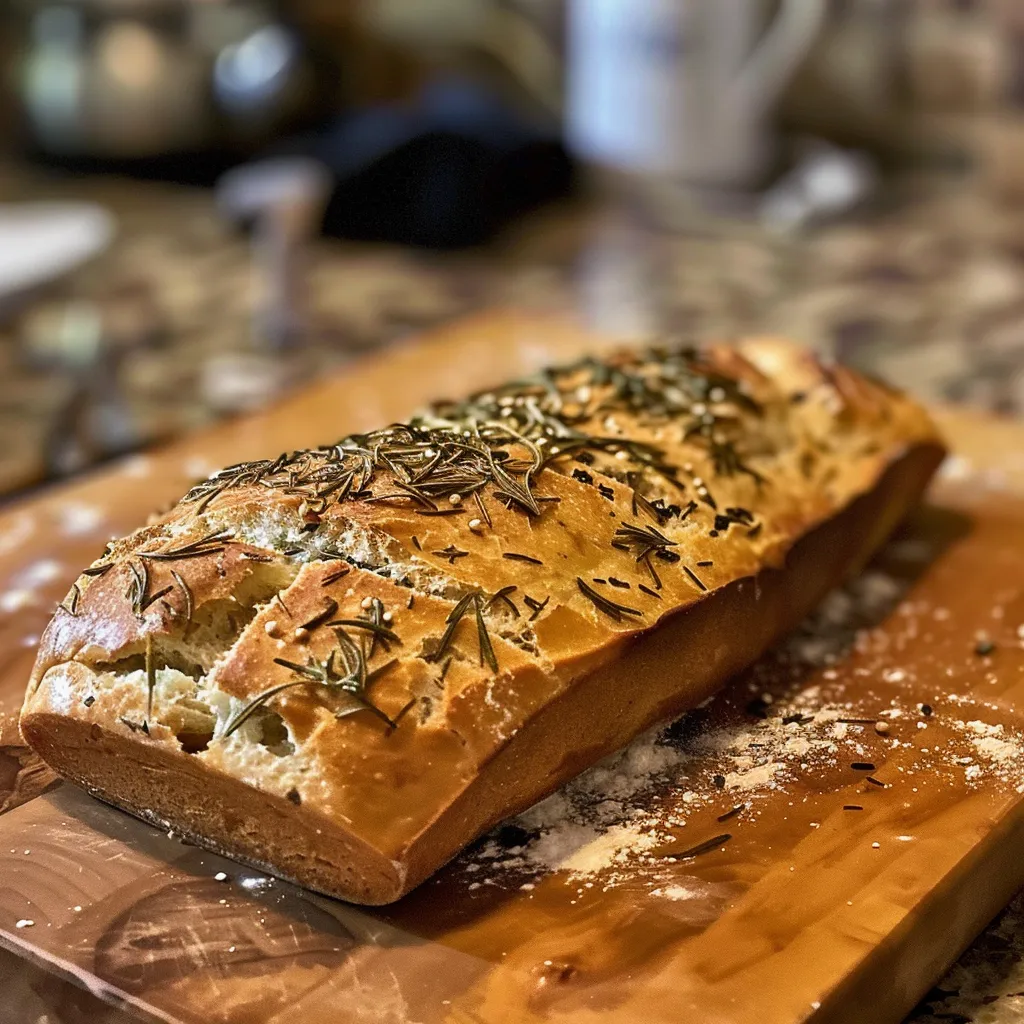 A side angle of a freshly baked Rustic Rosemary Olive Loaf showcasing its crust and herbs.