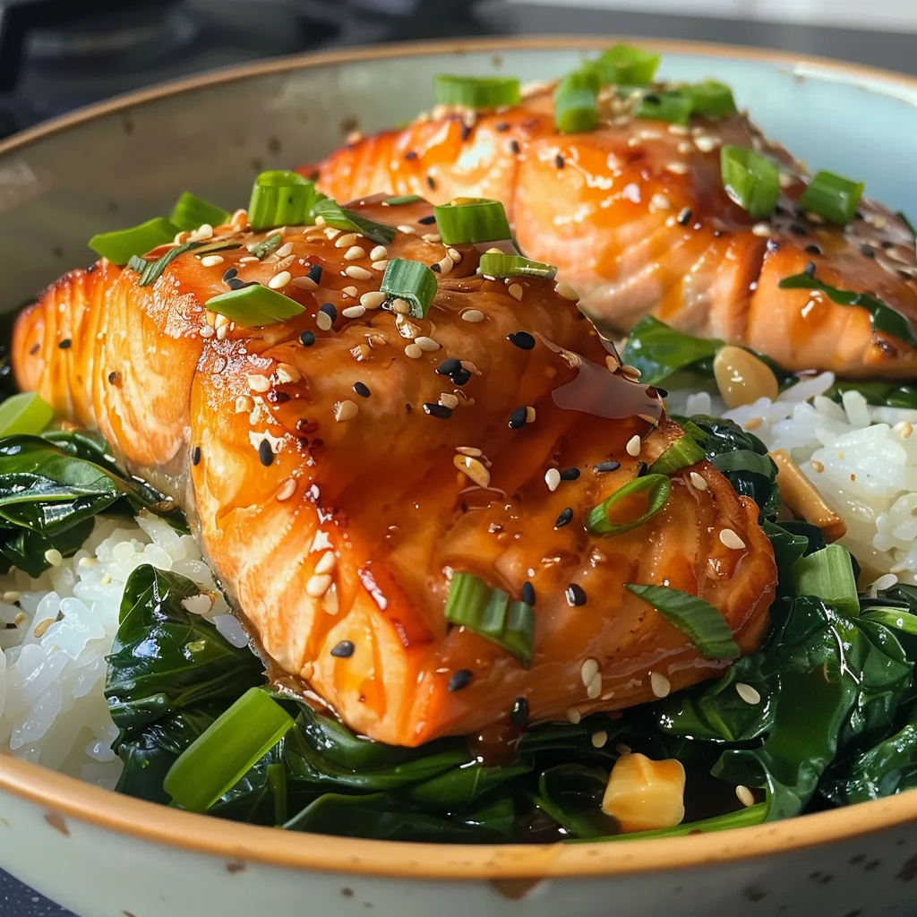 A delicious bowl of salmon and fresh spinach served over rice, with garnishes of sesame seeds and green onions.
