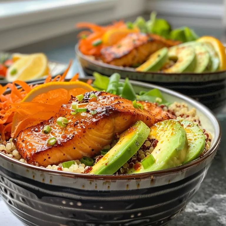 Beneath the Waves A Journey to Flavor with Salmon Quinoa Bowls A close-up view of a colorful Salmon Quinoa Bowl featuring salmon, quinoa, vegetables, and garnishes.