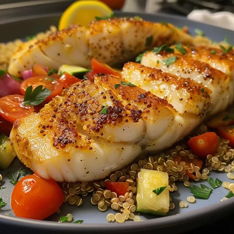 Close-up of seared fish fillet on a bed of quinoa and colorful vegetables.